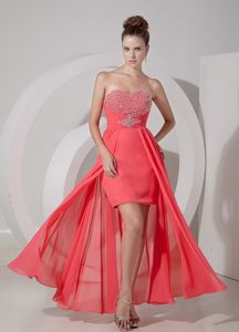 Watermelon Red High-low Prom Dress Evening Gown with Beading