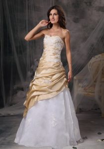 Champagne and White Appliques Decorated Prom Dress with Ruffles
