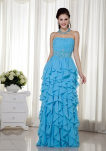 Ruched Aqua Blue Prom Nightclub Dress with Beading and Ruffles