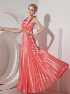 Watermelon Halter Floor Length Prom Nightclub Dress with Pleats