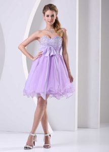 Lilac Beaded Sash Short Dress for Prom Cocktail to Knee-length