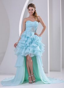 Light Blue High-low Ruffles Prom Homecoming Dress with Beading