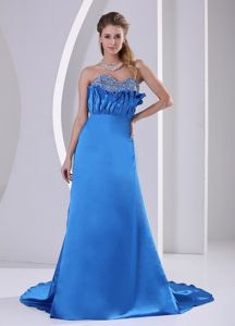 Sky Blue A-line Beaded Sweetheart Prom Formal Dress with Court Train