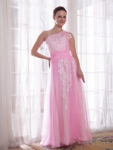 Pink One Shoulder Embroidery and Rhinestones Prom Evening Dress