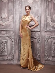 Gold Bateau Sequin Beading Prom Evening Dress with Brush Train