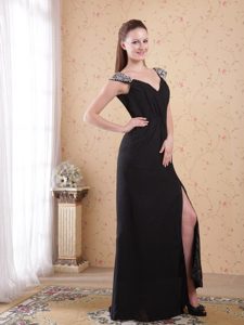 Beaded Straps Forming V-neck Ruching Prom Evening Dress in Black