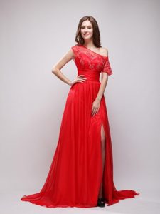 Bright Red Asymmetrical Sleeves Prom Evening Dress with Appliques
