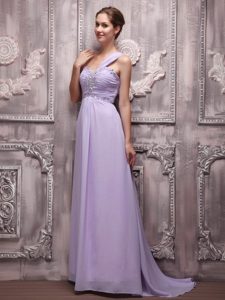 Lilac One Shoulder Beading Prom Evening Dress Attached Brush Train