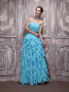Aqua Blue Empire Strapless Beading and Pieces Ruffles Prom Dress