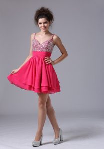 Hot Pink Spaghetti Straps Beading Mini Prom Nightclub Dresses