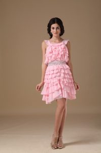 Scoop A-line Chiffon Mini-length Beading Prom Court Dresses in Pink