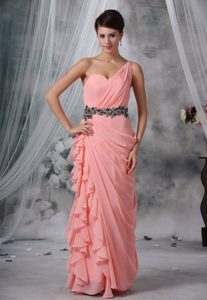 Beading and Ruche One Shoulder Light Pink Chiffon Floor-length Prom Dress