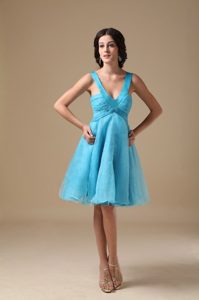 Aqua Straps A-line V-neck Knee-length Ruche Organza Prom Dress