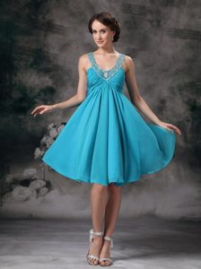 Empire V-neck Aqua Blue Mini-length Beading Prom Homecoming Dress