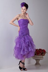 Organza Lavender Ruched Ruffled Prom formal Dress Tea-length