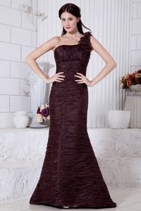 Burgundy Mermaid Ruched One Shoulder Prom Dress with Flower