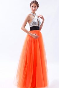 Sexy Orange Red Halter Empire Sash Prom Dress in Tulle and Sequin