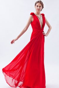 Empire V-neck Red Floor-length Chiffon Prom Dress with Beading