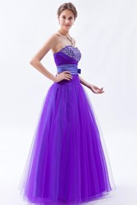 Eggplant Purple Sweetheart A-line Tulle Prom Dress with Beading and Bow