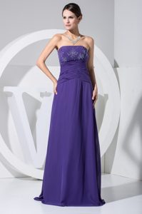Purple Strapless Column Beading and Ruche Floor-length Prom Gown
