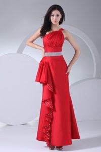 Hot One Shoulder Beaded Red Junior Prom Dress Ankle-length