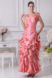 Straps Ruffles Prom Dress with Hand Flower and Embroidery in Watermelon
