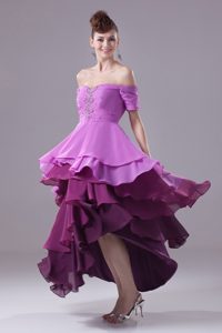 Off-The-Shoulder High Low Purple Prom Dress with Short Sleeves