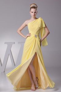 One Shoulder Slitted Beaded Yellow Prom Dress On Promotion