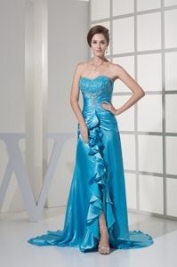 Slit Sweetheart Ruching Embroidery Ruffles Prom Dress with Brush Train