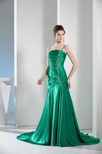 Beading One Shoulder Green Column Ruching Prom Gowns for Party