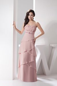 Cheap Strapless Beaded Ruched Long Prom Evening Dress in Pink