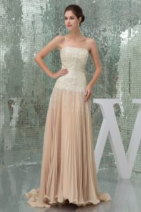 Champagne Strapless Pleated Brush Train Prom Evening Dress