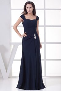 Floor-length Navy Blue Chiffon Prom Dress with Wide Straps