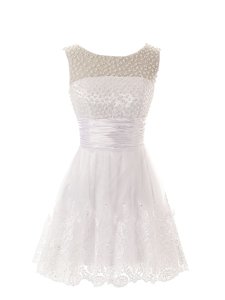 Lace Scoop Sleeveless Zipper Beading and Lace Prom Gown in White