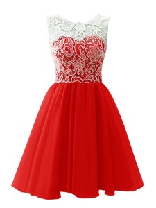 Modern Scoop Mini Length Clasp Handle Dress for Prom Red and In for Prom and Party with Lace
