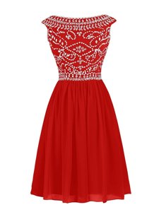 Dynamic Knee Length Zipper Prom Gown Red and In for Prom and Party with Beading