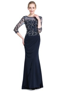 On Sale Beading and Appliques Prom Party Dress Navy Blue Zipper 3|4 Length Sleeve Floor Length