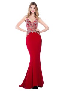 Artistic Mermaid Red Silk Like Satin Backless Prom Dresses Sleeveless With Brush Train Beading