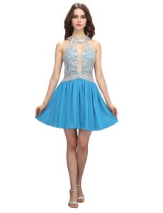 Hot Selling Chiffon Scoop Sleeveless Zipper Beading Prom Party Dress in Baby Blue