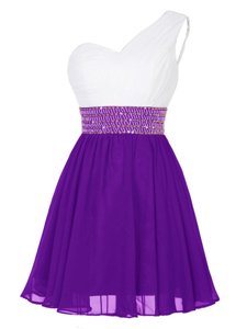 Empire Prom Dresses White And Purple One Shoulder Chiffon Sleeveless Mini Length Zipper