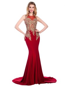 Discount Wine Red Column/Sheath Scoop Sleeveless Elastic Woven Satin With Brush Train Side Zipper Lace and Appliques