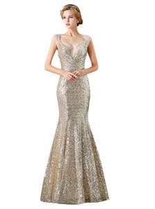 Mermaid Sleeveless Floor Length Sequins Zipper Prom Evening Gown with Champagne