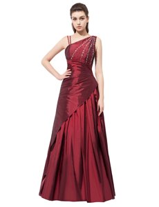 Vintage Burgundy Empire Asymmetric Sleeveless Elastic Woven Satin Floor Length Side Zipper Beading and Bowknot Prom Evening Gown