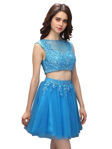 Baby Blue Sleeveless Mini Length Beading and Appliques Zipper Prom Gown