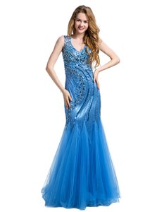 Glittering Mermaid Prom Gown Baby Blue V-neck Tulle Sleeveless Floor Length Zipper