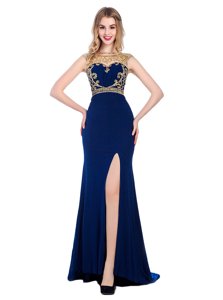 Stunning High-neck Sleeveless Homecoming Dress With Train Sweep Train Beading and Appliques Navy Blue Silk Like Satin