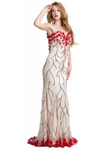 Attractive Scoop White And Red Sleeveless With Train Hand Made Flower Clasp Handle Prom Evening Gown