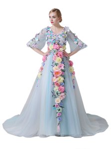 With Train Zipper Prom Gown Light Blue and In for Prom and Party with Hand Made Flower Court Train