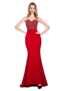 Mermaid Wine Red Elastic Woven Satin Zipper Prom Gown Sleeveless With Train Sweep Train Beading