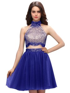 Blue Chiffon Zipper Prom Evening Gown Sleeveless Mini Length Beading
